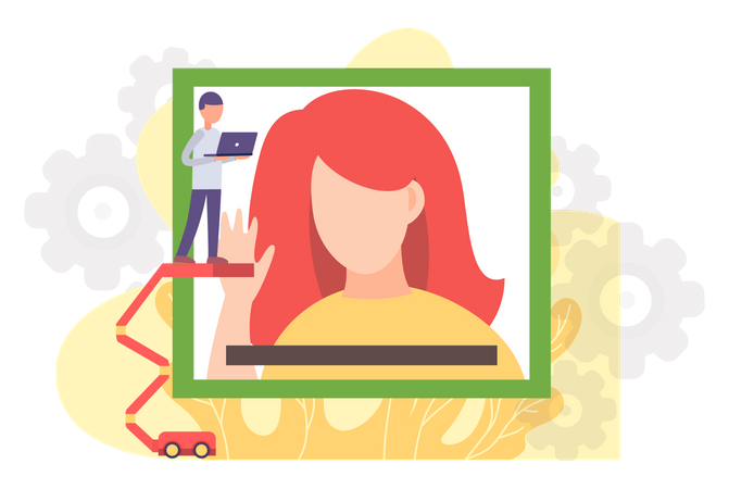 Frau und Mann mit Laptop sprechen über Webcam  Illustration