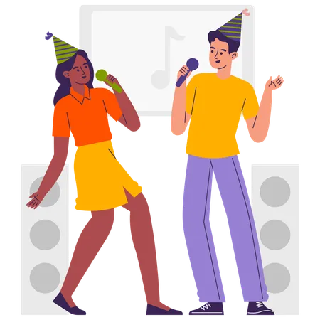 Frau und Mann singen Karaoke  Illustration