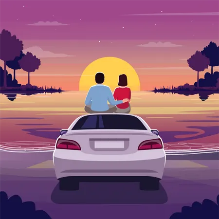 Frau und Mann sitzen im Auto und beobachten den Sonnenuntergang  Illustration