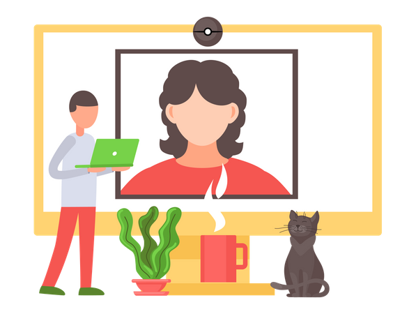Frau und Mann unterhalten sich über Laptop per Webcam  Illustration