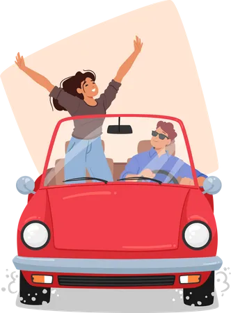 Frau und Partner reisen mit dem Auto  Illustration