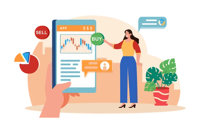 Frau vergleicht Kauf und Verkauf an der Börse  Illustration
