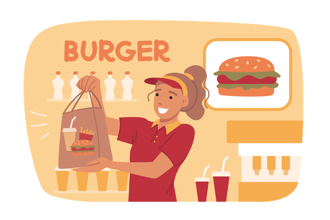 Frau verkauft Burger in Fast-Food-Café  Illustration