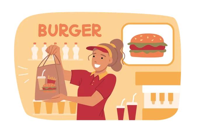 Frau verkauft Burger in Fast-Food-Café  Illustration