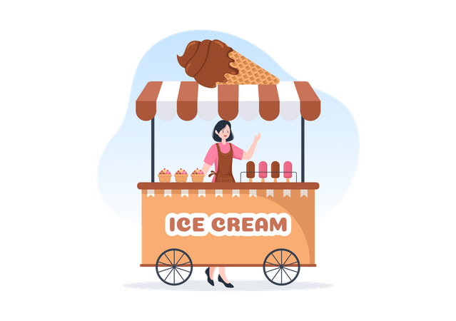 Frau verkauft Eis am Ice Cream Stoll  Illustration