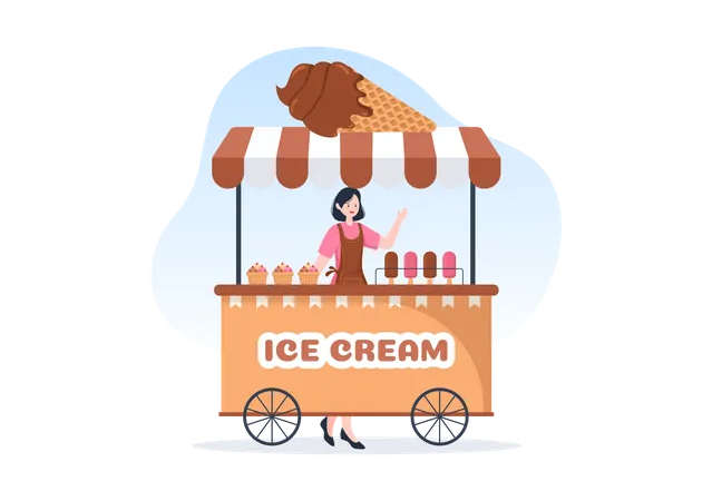 Frau verkauft Eis am Ice Cream Stoll  Illustration