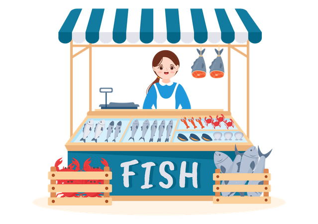Frau verkauft Meeresfrüchte  Illustration