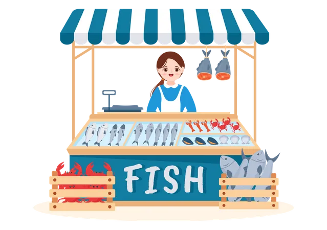 Frau verkauft Meeresfrüchte  Illustration