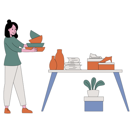 Frau verkauft Schuhe und Tontöpfe auf dem Markt  Illustration