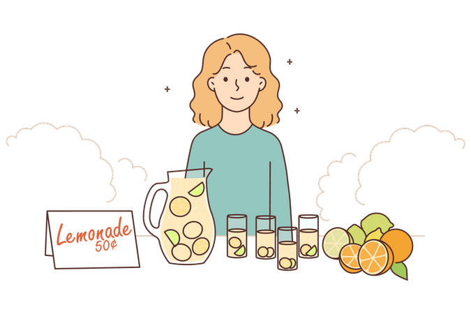 Frau verkauft Zitronensaft  Illustration