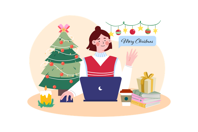 Frau verschickt Weihnachtsgrüße online  Illustration