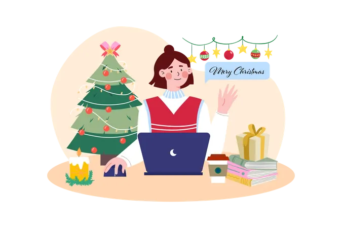 Frau verschickt Weihnachtsgrüße online  Illustration