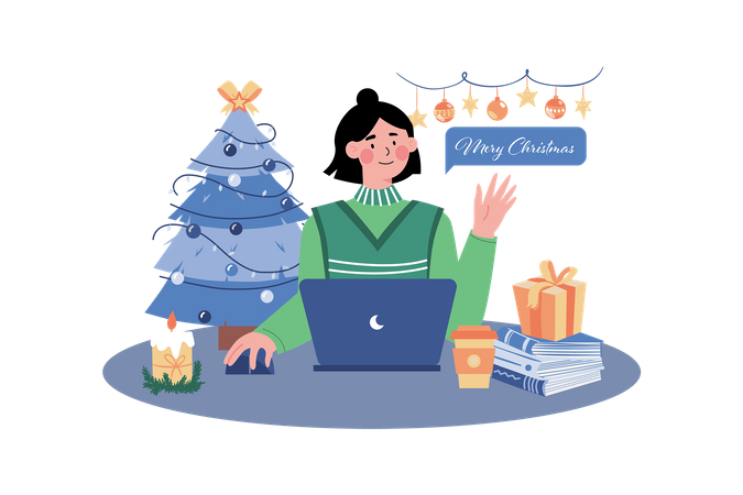 Frau verschickt Weihnachtsgrüße online  Illustration