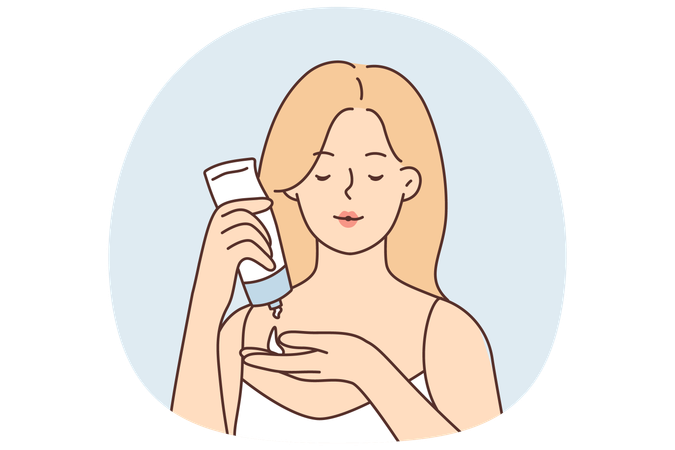 Frau verwendet Feuchtigkeitscreme für das Gesicht und drückt Anti-Aging-Lotion aus der Tube in die Handfläche  Illustration