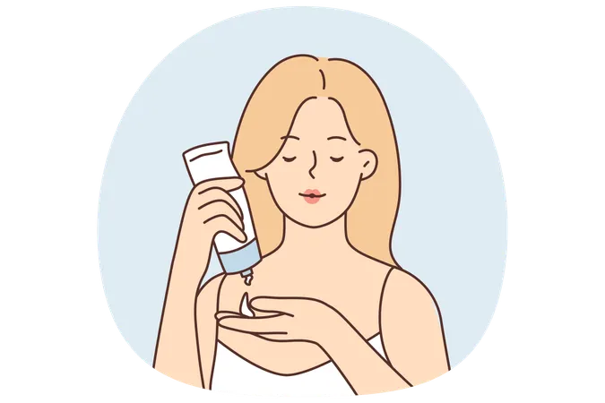 Frau verwendet Feuchtigkeitscreme für das Gesicht und drückt Anti-Aging-Lotion aus der Tube in die Handfläche  Illustration