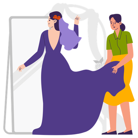 Frau nimmt Brautkleid in die Hand  Illustration