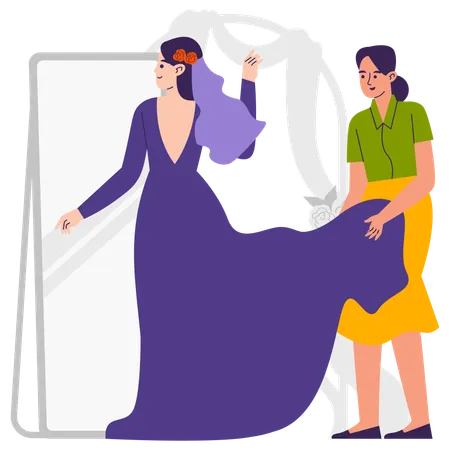 Frau nimmt Brautkleid in die Hand  Illustration