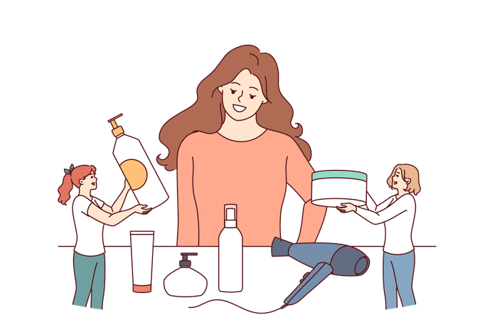 Frau wählt Haarstyling-Methode, während sie neben einem Tisch mit Shampoos und Cremes oder einem Haartrockner steht  Illustration