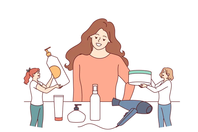 Frau wählt Haarstyling-Methode, während sie neben einem Tisch mit Shampoos und Cremes oder einem Haartrockner steht  Illustration