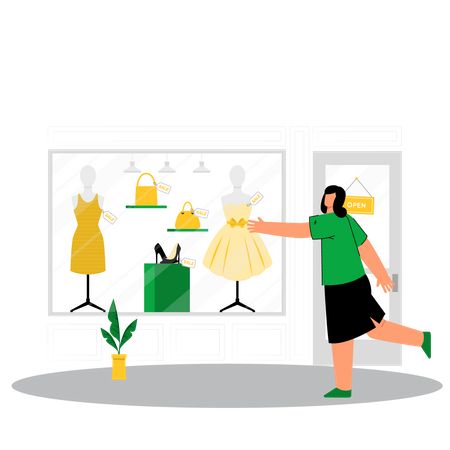 Frau wählt Kleid im Bekleidungsgeschäft  Illustration