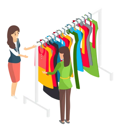 Frau wählt Kleidung im Geschäft aus  Illustration