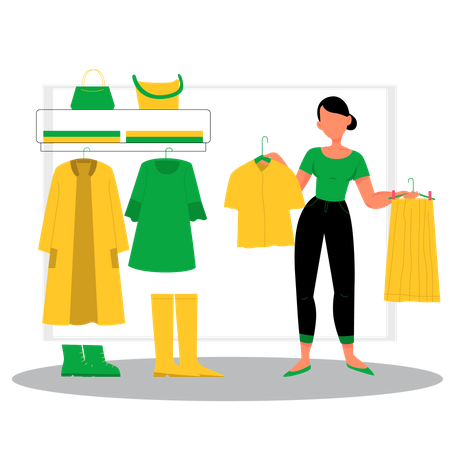 Frau wählt Stoff aus  Illustration