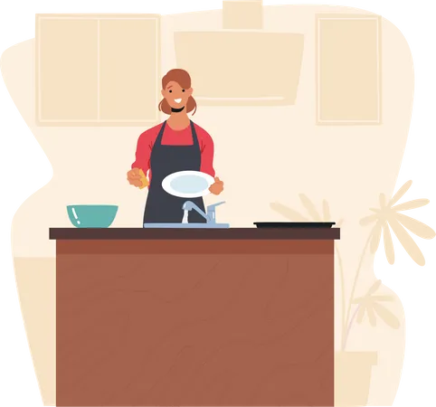 Frau beim Geschirrspülen  Illustration