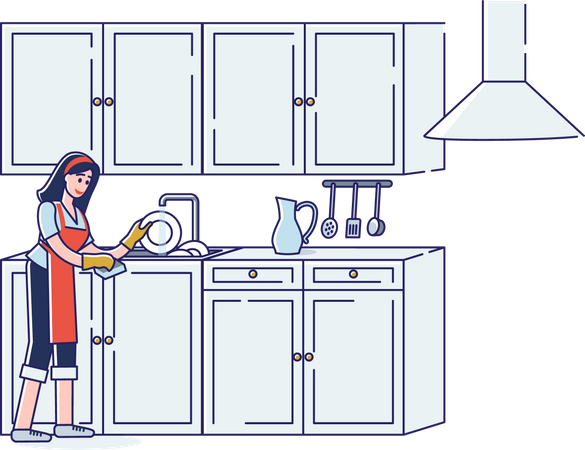 Frau beim Geschirrspülen  Illustration