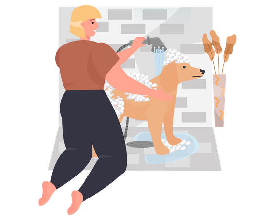 Frau wäscht seinen Hund im Badezimmer  Illustration