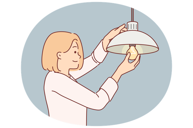 Frau wechselt selbstständig durchgebrannte Glühbirne, um hochwertige Beleuchtung im Haus zu erreichen  Illustration