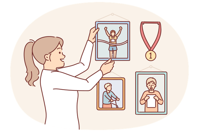 Frau wird die Wand der Wohnung mit Fotos von Sportwettkämpfen und Medaillen dekorieren  Illustration