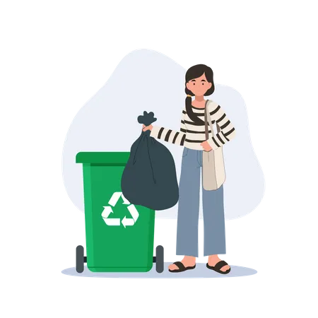 Frau wirft Müll in grüne Mülltonne mit Recycling-Symbol  Illustration