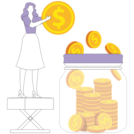 Frau wirft Münze in Münzglas  Illustration