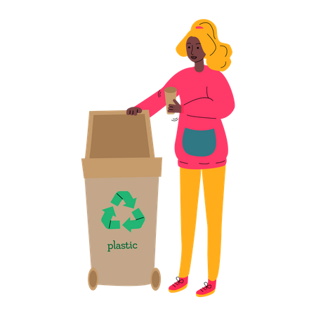 Frau wirft Plastikbecher in Recyclingtonne  Illustration