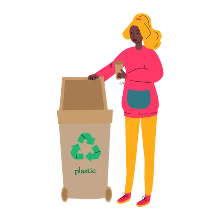 Frau wirft Plastikbecher in Recyclingtonne  Illustration