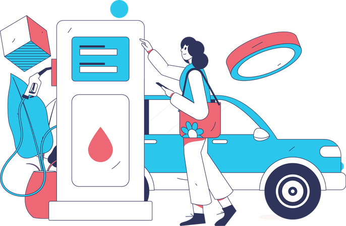 Frau zahlt mit Münze an Tankstelle  Illustration