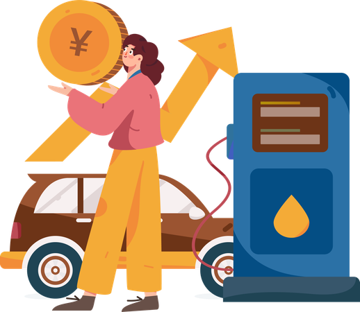 Frau zahlt Yen-Münze an Tankstelle  Illustration