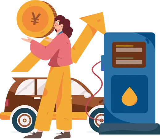 Frau zahlt Yen-Münze an Tankstelle  Illustration