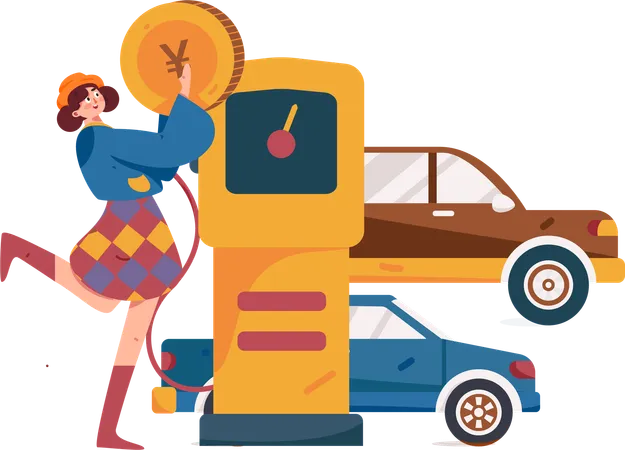 Frau zahlt mit Yuan-Münze an Tankstelle  Illustration