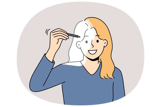 Frau zeichnet eigenes Bild mit Bleistift  Illustration