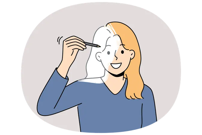 Frau zeichnet eigenes Bild mit Bleistift  Illustration