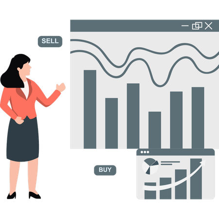 Frau zeigt Aktienmarktdiagramm zum Kaufen und Verkaufen  Illustration