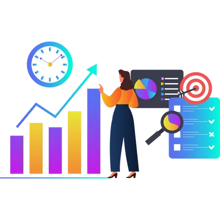 Frau zeigt auf Balkendiagramm  Illustration