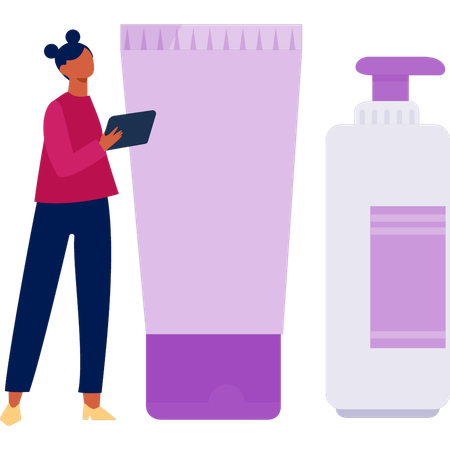 Frau zeigt Hautpflegeflasche  Illustration