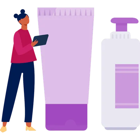 Frau zeigt Hautpflegeflasche  Illustration