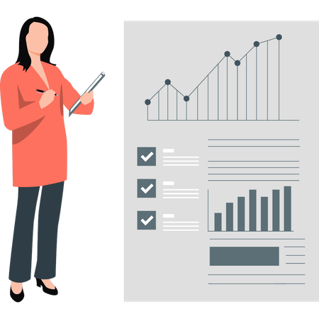 Frau zeigt auf Geschäftsdiagramm  Illustration