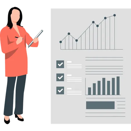 Frau zeigt auf Geschäftsdiagramm  Illustration