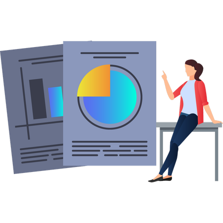 Frau zeigt auf Geschäftskreisdiagramm auf Papier  Illustration