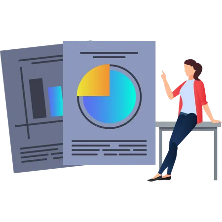 Frau zeigt auf Geschäftskreisdiagramm auf Papier  Illustration