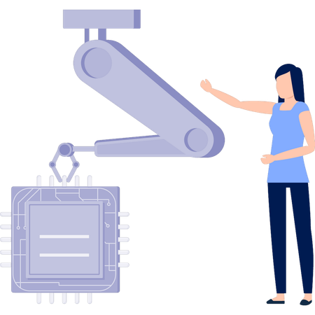 Frau zeigt auf Industrieroboter  Illustration